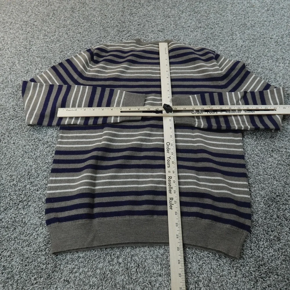 Banana Republic‎ Sweater Mens L Gray Stripe Merino Wool V Neck Knit Pullover Top